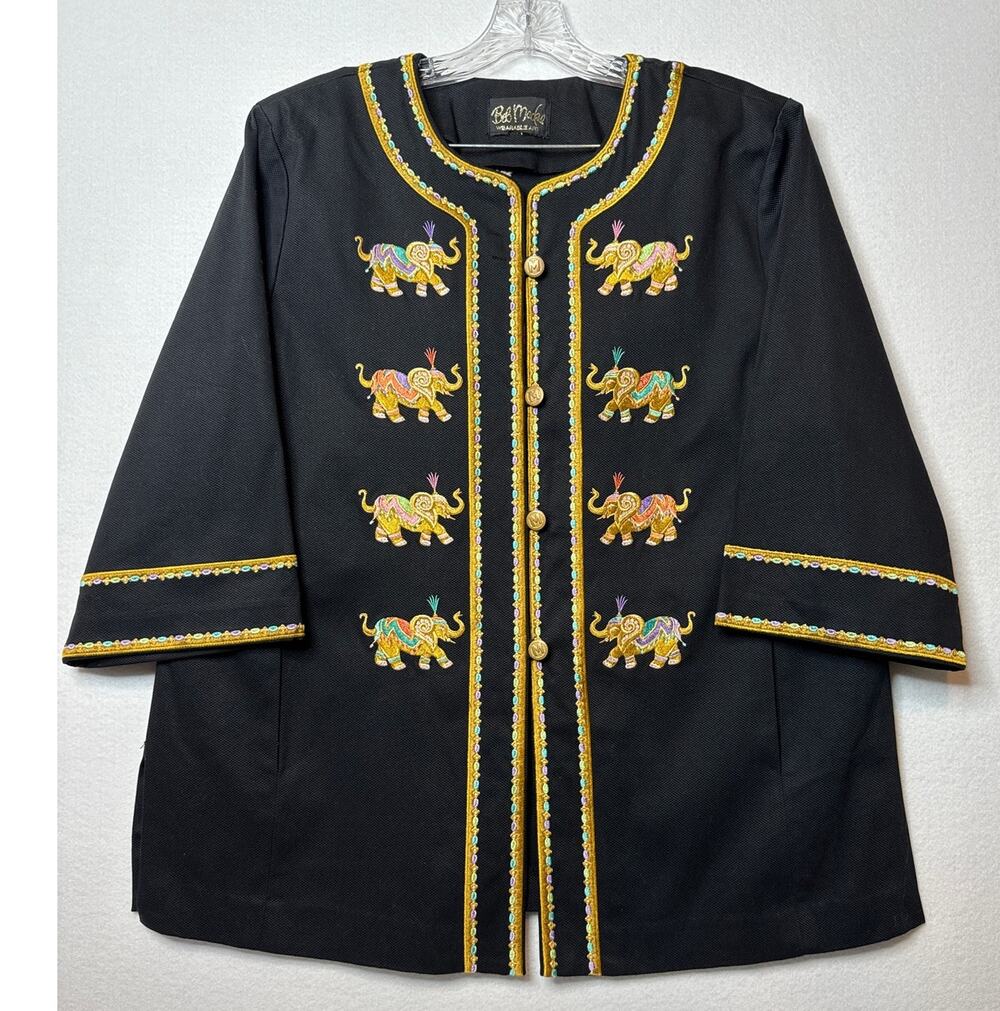 Bob Mackie wearable art black coat embroidered Elephants gold logo buttons large